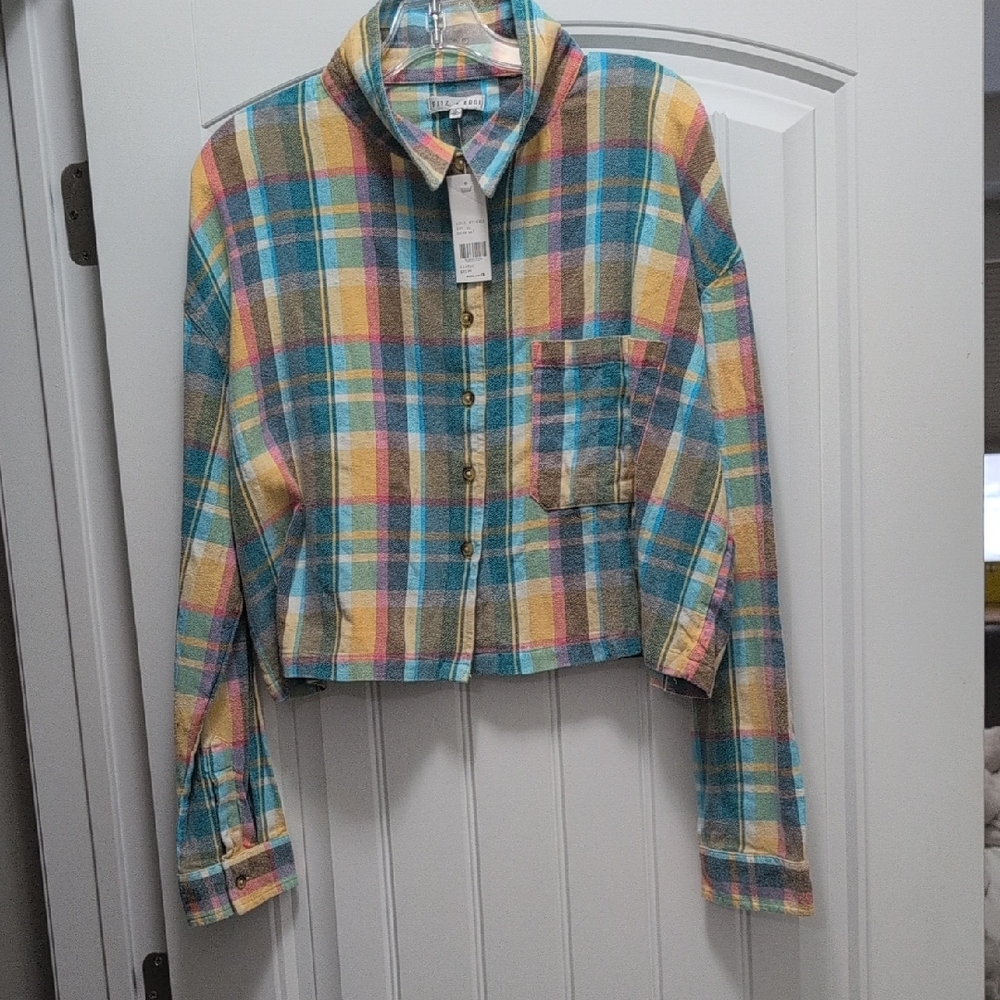 Colorful Plaid Button-Up Blouse